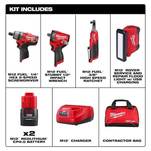 M12 12V Lithium-Ion Cordless Screwdriver, 3/8 in. High Speed Ratchet, Light, 1/2 in. Stubby Impact Combo Kit (4-Tool)