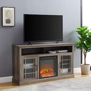 58 in. Grey Wash Wood and Glass Windowpane TV Stand Fits TVs up to 65 in. with Electric Fireplace