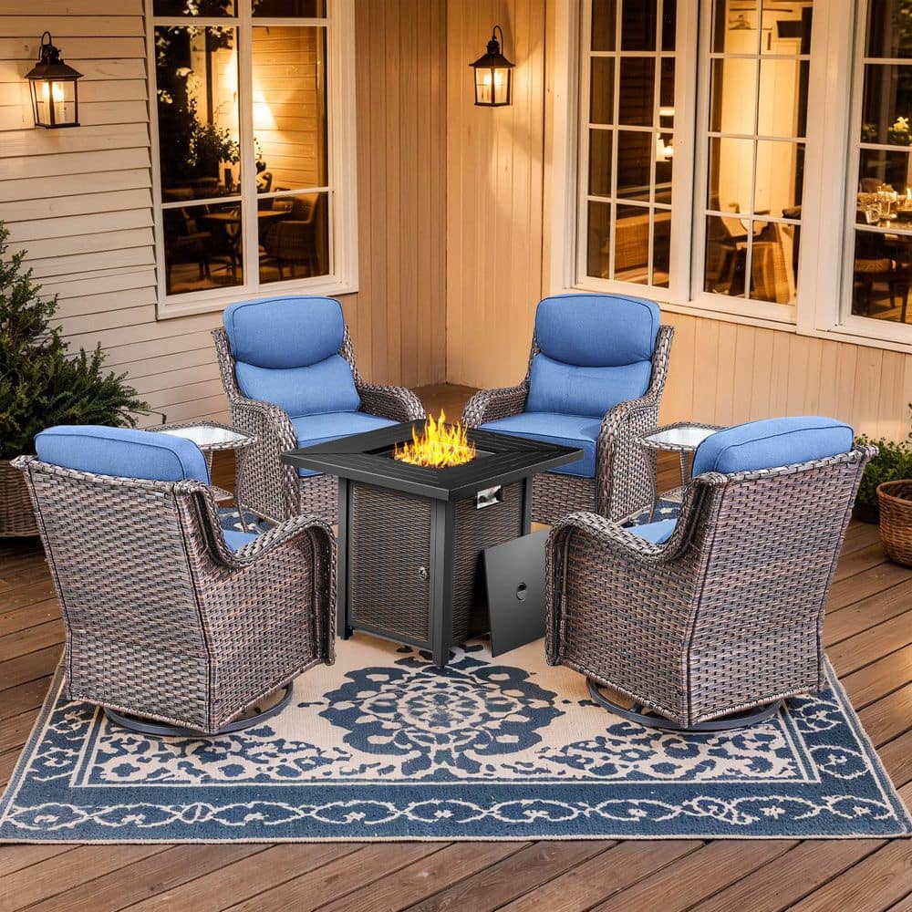 Holion 7-Piece Brown Wicker Patio Conversation Furniture Set with Fire Pit Table Outdoor Swivel Chairs with Blue Cushion price history on PriceWatchPro