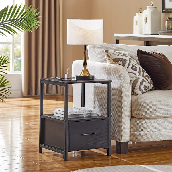 Black Nightstand with Charging selling Station Industrial End Side Table with USB Ports