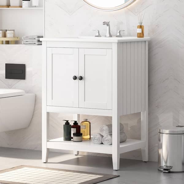 24 in. Single Sink Freestanding White Bath Vanity with White Ceramic Top, Open Shelf and 2 Doors