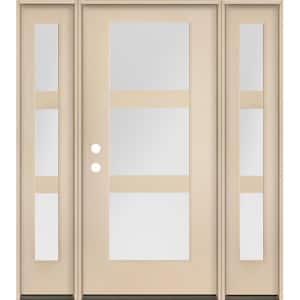 BRIGHTON Modern 64 in. x 80 in. 3-Lite Right-Hand/Inswing Satin Glass Unfinished Fiberglass Prehung Front Door with DSL