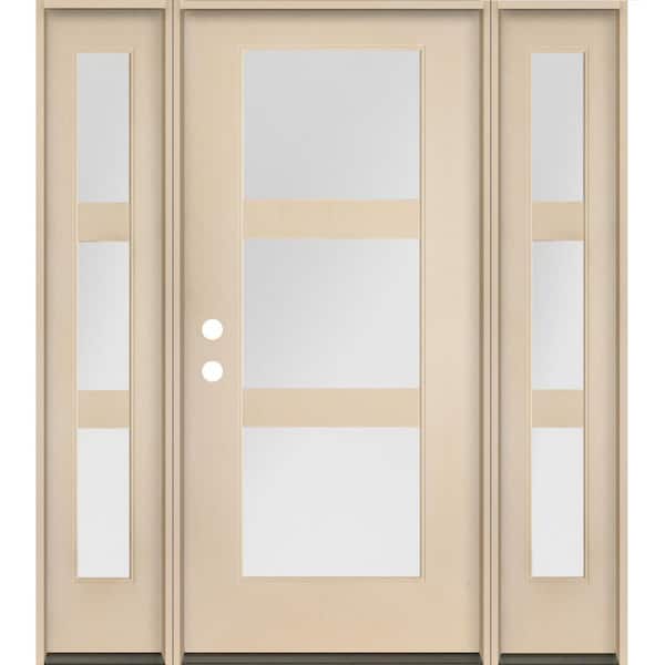Krosswood Doors BRIGHTON Modern 64 in. x 80 in. 3-Lite Right-Hand/Inswing Satin Glass Unfinished Fiberglass Prehung Front Door with DSL