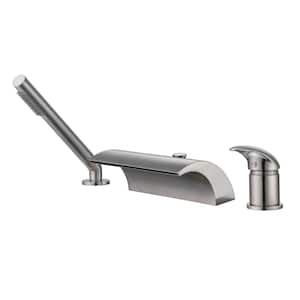 Waterfall Single Handle Tub Deck Mount Roman Tub Faucet with Hand Shower in Brushed Nickel