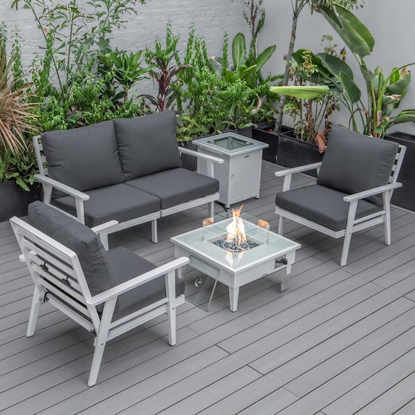 Leisuremod Walbrooke White 5-Piece Aluminum Square Patio Fire Pit Set with Charcoal Cushions and Tank Holder