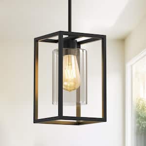 Rectangle Black Pendant,1-Light Metal Adjustable Hanging Length Pendant w/ Clear Glass Shade Down Rod for Kitchen Island