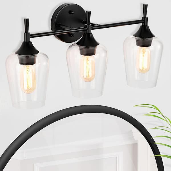 Arlo 21 in. 3-Lights Matte Black Vanity Light with Clear Wine Glass Shades