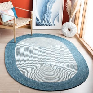 Braided Teal Ivory 4 ft. x 6 ft. Border Striped Oval Area Rug