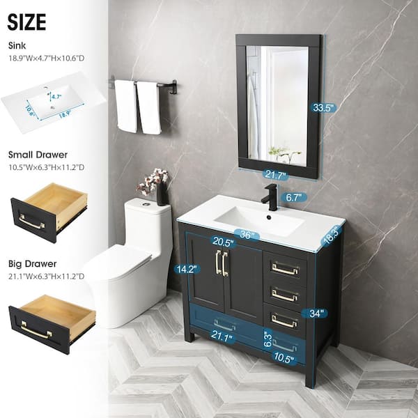 Wonline 36 White Bathroom Vanity Cabinet and Ceramic Vessel Sink, Equipped  with Chrome Faucet Drain and Mirror Vanities Set
