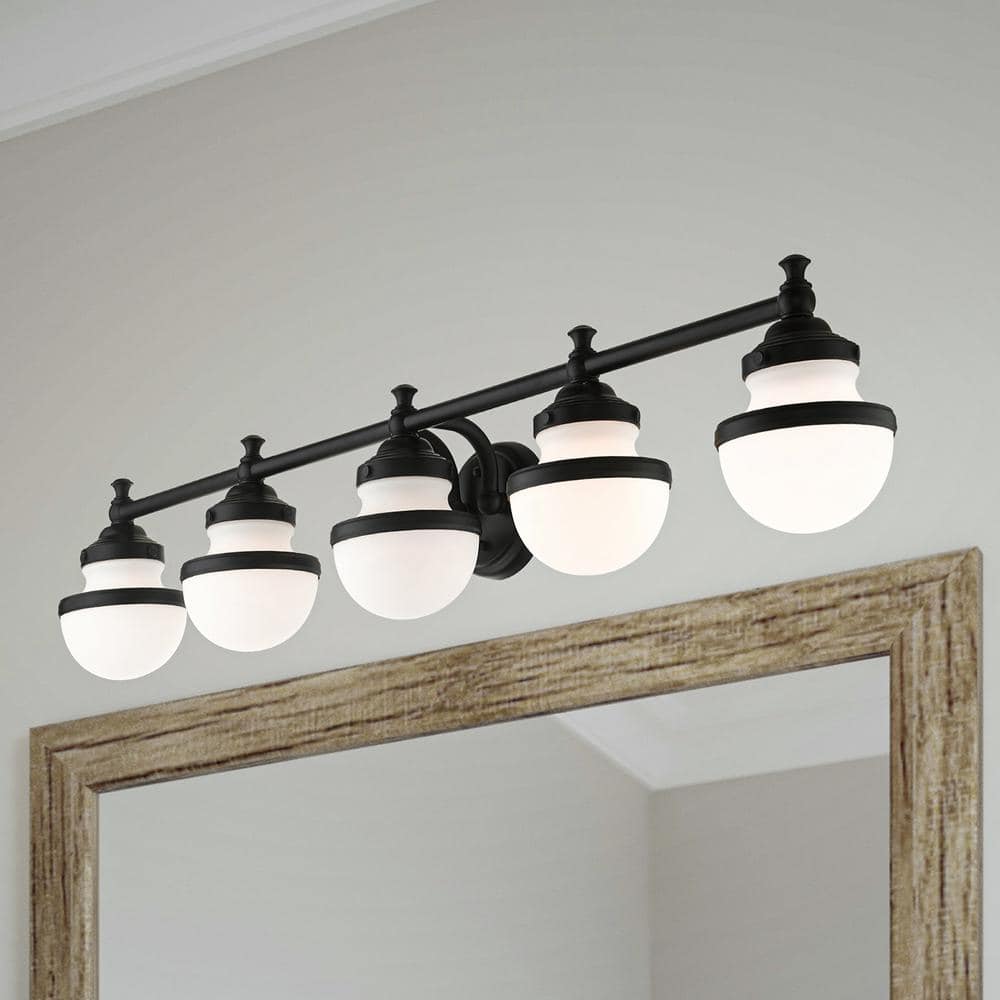 Oldwick Sleek Black 5-Light Vanity Sconce with Satin Opal White Glass