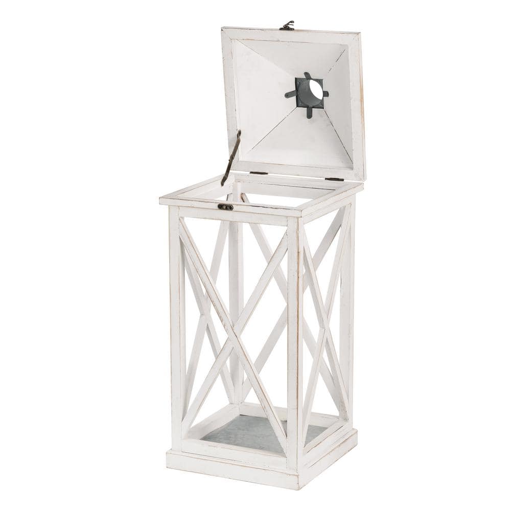 Set of 2 White Wooden Tabletop Candle Lanterns with Metal Top