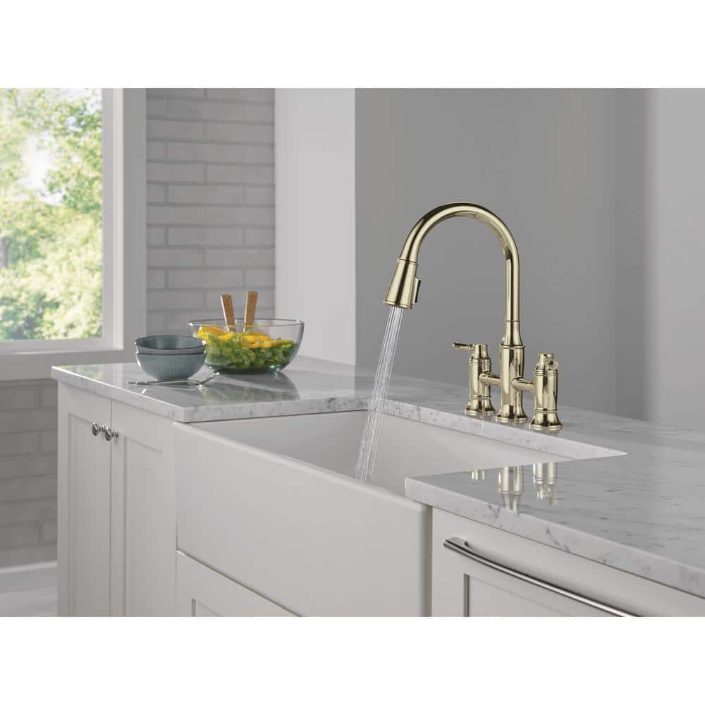 Polished Nickel Double Handle Bridge Kitchen Faucet with Pull-out Spray