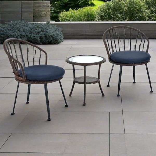 Sudzendf 3-Piece Wicker Rattan Patio Conversation Set with Dark Blue Cushions, Perfectly Suited for Patios, Balconies, Brown