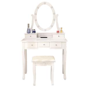 5 Drawer Dressing Vanity Table Set White with Light Bulb Single Mirror