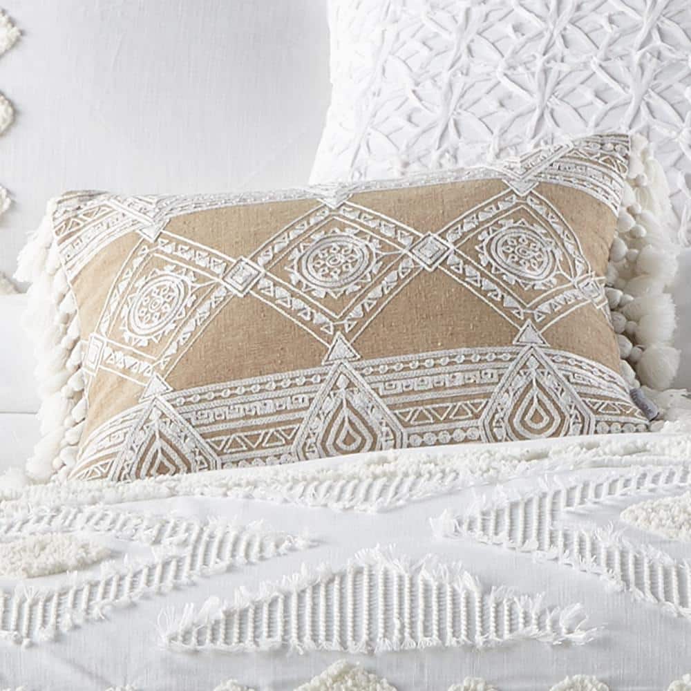 Natural Tan and White Embroidered Ikat Tassel Pillow 14x18