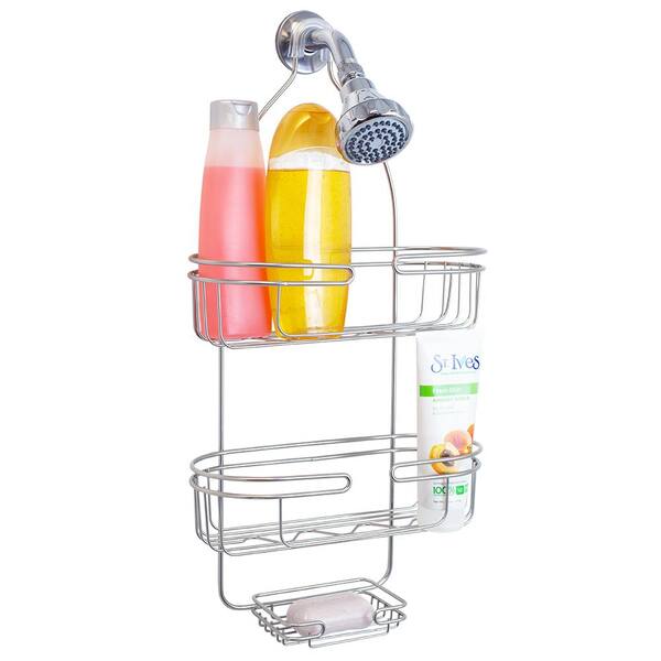 Home Basics Wave 2 Tier Aluminum Suction Shower Caddy with Integrated Hooks  and Soap Tray, Grey, SHOWER
