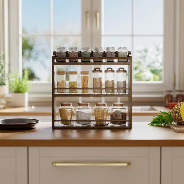3-Tier Walnut Finish Space-Saving Bamboo Shelf Organizer for