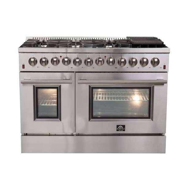 3-Pieces Galiano 48 in. Dual Fuel 8-Burner Range, Rizzuto 60 in. Refrigerator, 48 in. Wall Range Hood Stainless Steel