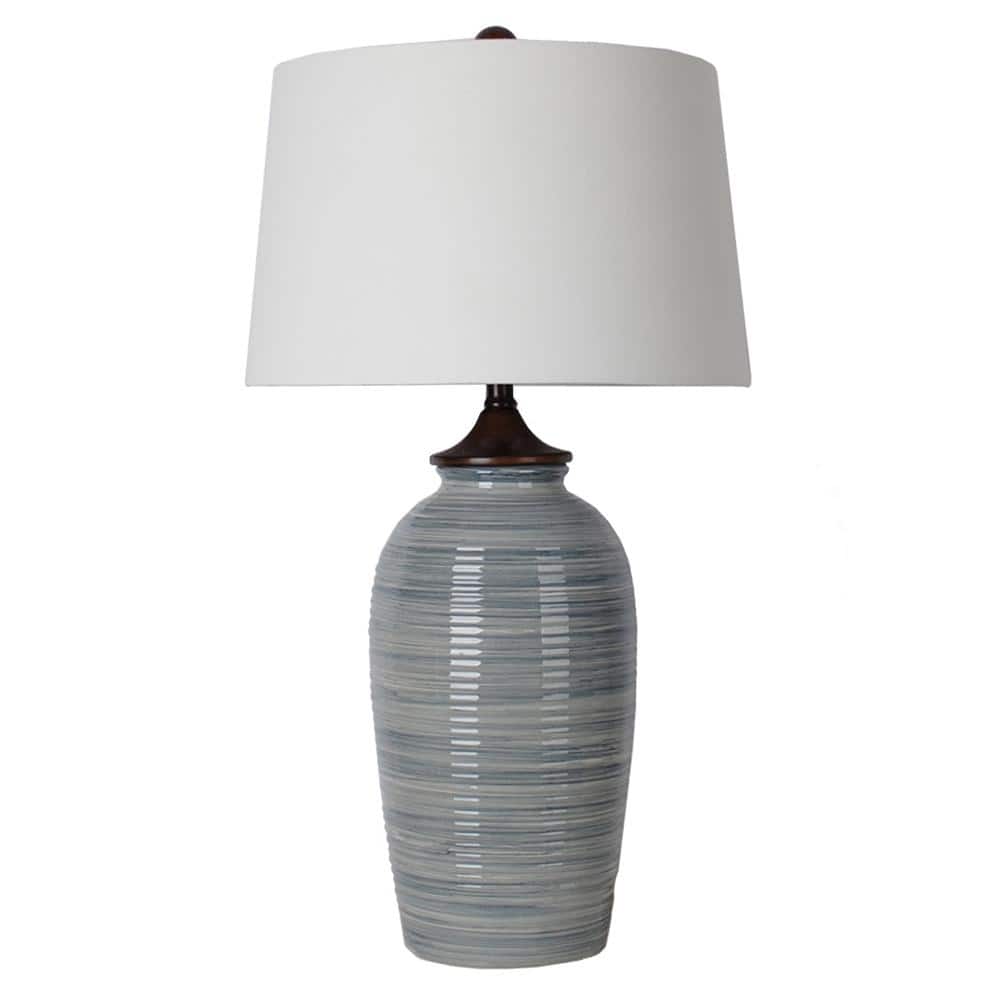 29 .25 in Ribbed Grey Reactive and Wood Ceramic Table Lamp with White Fabri