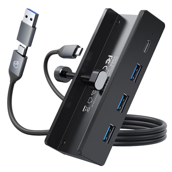 Clamp USB Hub 3.0 with Extra Power Supply Port Aluminum 4-Port Adapter 3 USB-A Data Ports USB-C Black