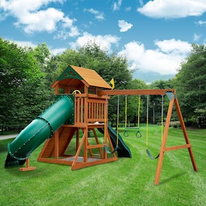 DIY Outing III Wooden Outdoor Playset with Wood Roof, Tube Slide, Rock Wall, Sandbox, and Backyard Swing Set Accessories