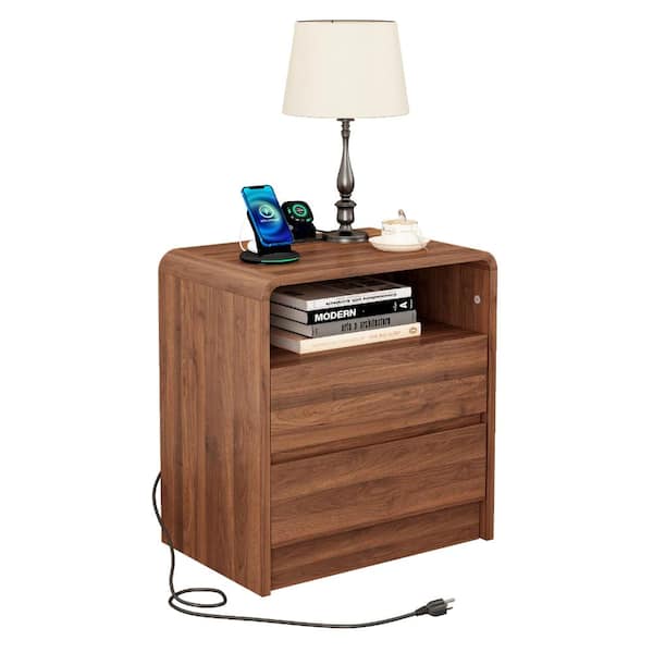 25" H Wood Nightstand Bedside Table End Table with Charging Station,2 Storage Drawers for Bedroom,Living Room in Walnut