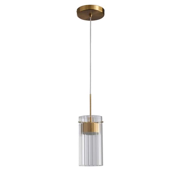 7-Watt 1 Light Gold Integrated LED Pendant Light with Cylindrical Glass Shade Hanging Light Fixture For Kitchen Island