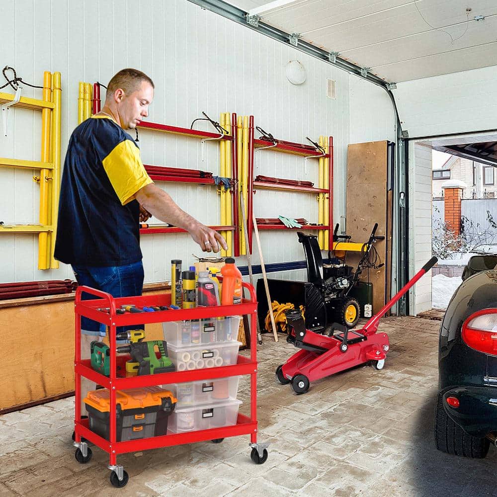 Costway - - 3-Tier Metal Utility Cart 400 Lbs. Storage Service Trolley Tool Storage In Red - View #7
