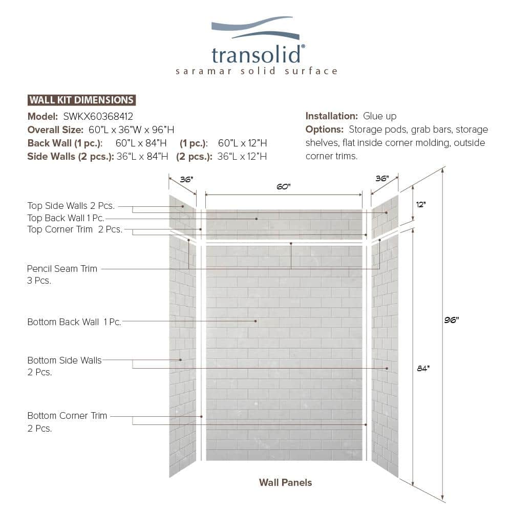 Lunar Gray 60'' x 96'' Solid Surface Subway Tile Shower Wall Kit