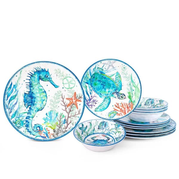 12-Piece Blue Durable Heavyweight Melamine Beach Dinnerware Set (Service for 4), Oceanic Sea Life Dish Sets