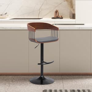 Larisa Adjustable 33 in. Grey/Walnut and Black Metal/Wood Bar Stool with Grey Faux Leather Seat