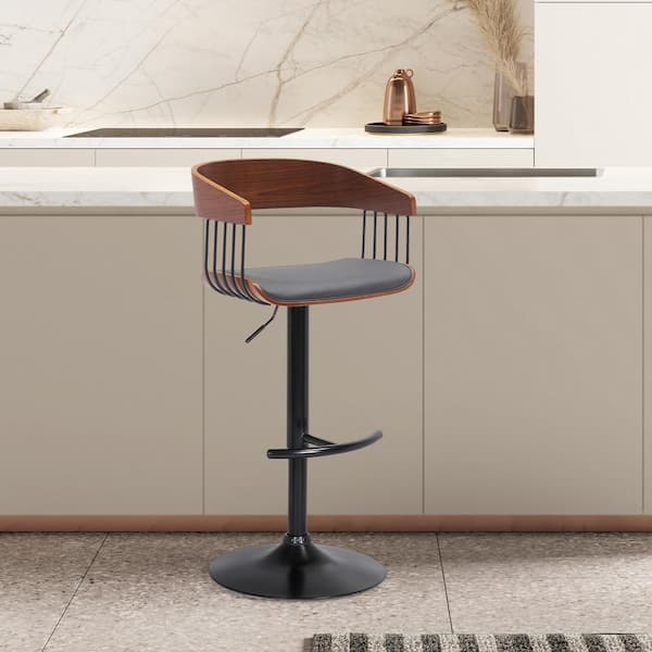 Armen Living Larisa Adjustable 33 in. Grey/Walnut and Black Metal/Wood Bar Stool with Grey Faux Leather Seat