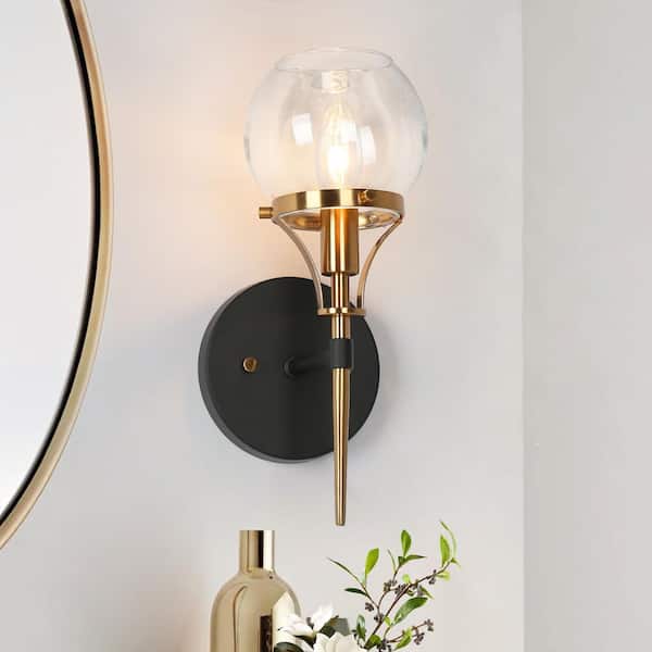 Orbline Mid-Century Modern 4.9 in 1-Light Brass and Black Wall Sconce with Clear Globe Glass Shade Bathroom Wall Light