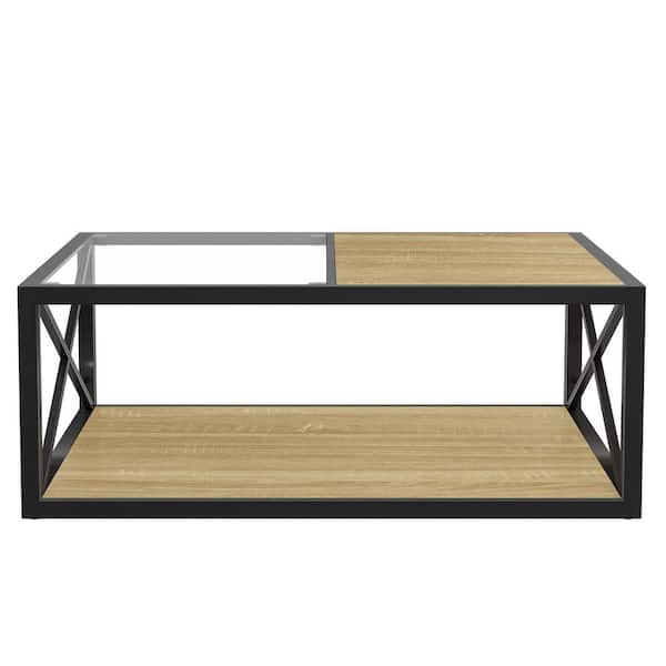 40in Industrial Modern Natural Wood&Black Rectangle Tempered Glass Coffee Table with X-Frame&Hybrid Top
