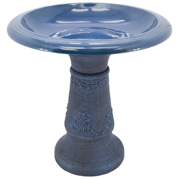Unbranded 19.5 L x 19.5 W x 20.5 H Outdoor Blue Fiberclay Birdbath Garden Decor, Antique Vintage Water Bowl for Backyard and Patio