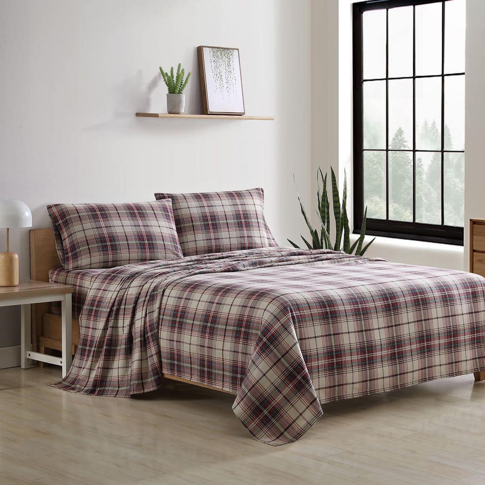 Gray Plaid Cotton Flannel Twin Sheet Set with Deep Pockets
