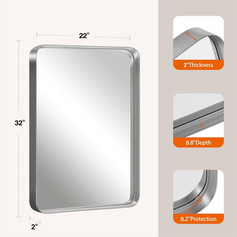 32" x 22" Silver Aluminum Alloy Rounded Corner Rectangular Bathroom Mirror