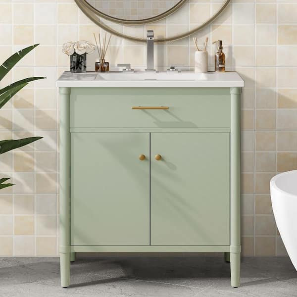 31 in. W Single Sink Freestanding Green Bath Vanity with White Ceramic Top and Adjustable Shelf, Unassembled