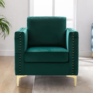 Green Velvet Side Chair with Steel Legs and Nailhead Trim