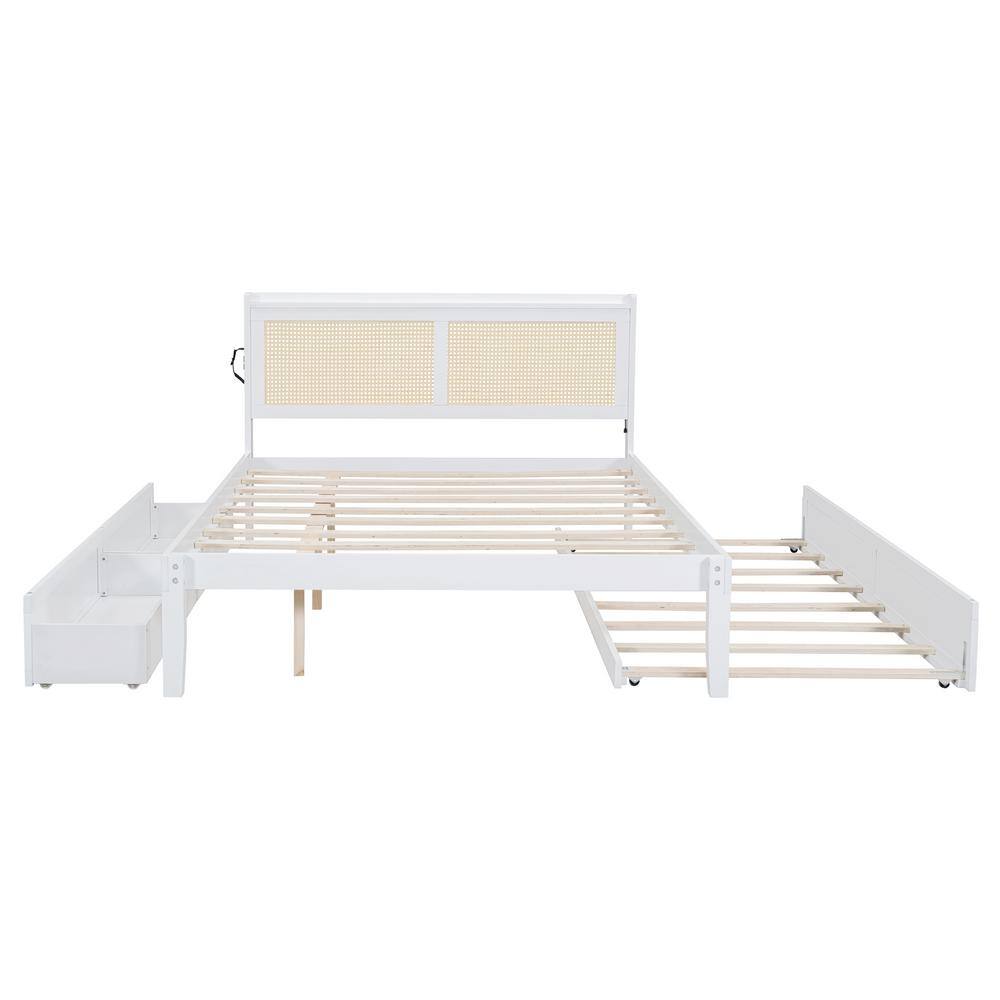 White Pine Queen Platform Bed with Rattan Headboard and Storage Drawers