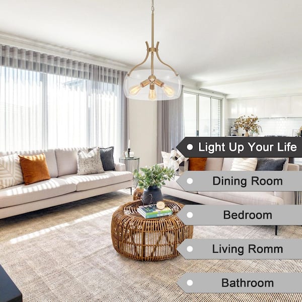 15.75 in. 3-Light Gold Mid-Century Modern Pendant Light with Glass Shade, Bulbs Not Included