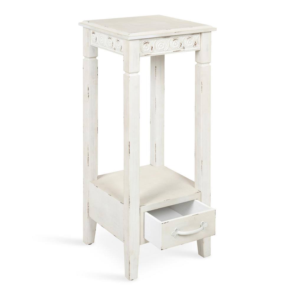 Soft White Farmhouse Wood Accent Table with Metal Skirt