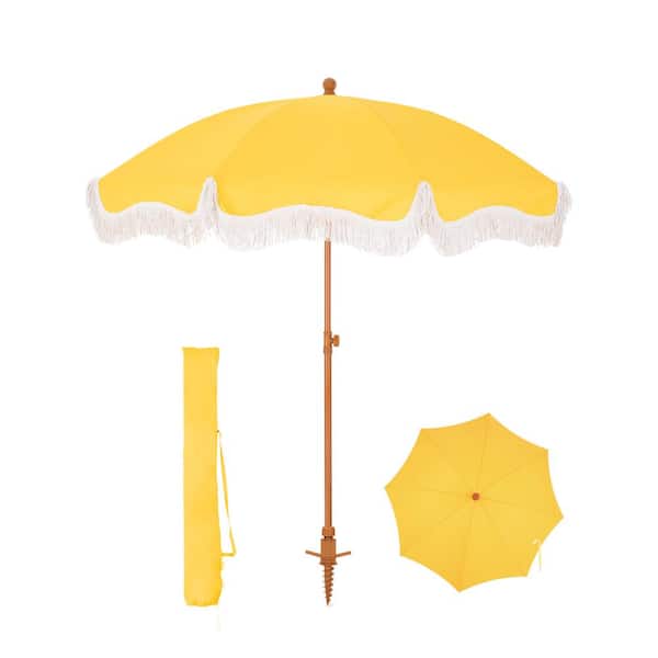 PHI VILLA 7 ft. Metal Beach Umbrella in Yellow with Tassel Design and Cover