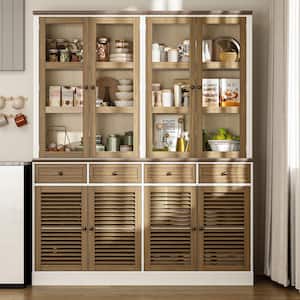 Brown Wood 61 in. W Buffet Kitchen Cabinet Food Pantry With Louvered and Glass Doors and Adjustable Shelves