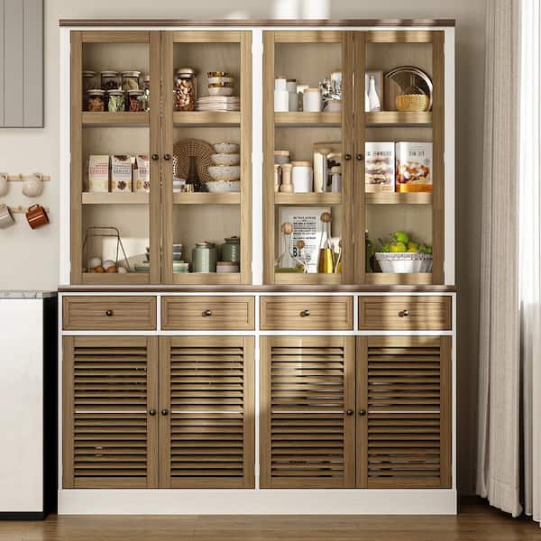 FUFU&GAGA Brown Wood 61 in. W Buffet Kitchen Cabinet Food Pantry With Louvered and Glass Doors and Adjustable Shelves