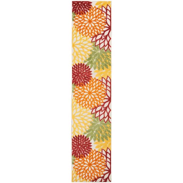 Nourison Aloha Red Multi Colored 2 ft. x 12 ft. Kitchen Runner Floral Contemporary Indoor/Outdoor Patio Area Rug