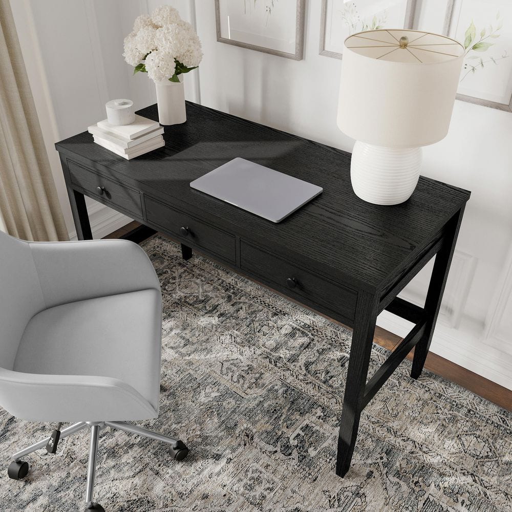 Rhett 47 in. Rectangle B Black Frame/Oil Rubbed Bronzed Hardware Home Office 3 Drawer Desk with Tapered Legs