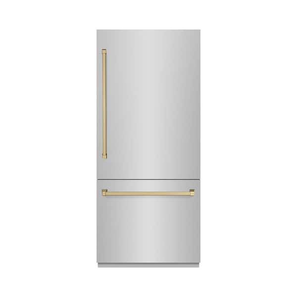 36 in. 19.8 cu. ft. Built-in Bottom Freezer Refrigerator with Water Dispenser & Ice Maker with Champagne Bronze Accents