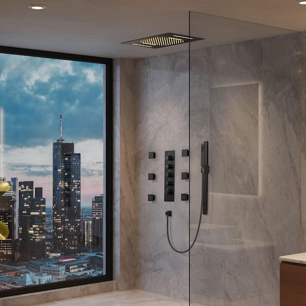 LED Thermostatic Quintuple Handle 15-Spray 23 x 15 in. Shower Faucets 2.5 GPM with Anti Scald Body Spray in Matte Black