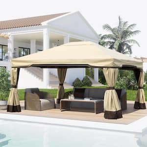 14 ft. x 12 ft. Khaki Aluminum Frame Outdoor Patio Soft Top Gazebo Party Event Canopy Tent w/Curtain and Mosquito Net